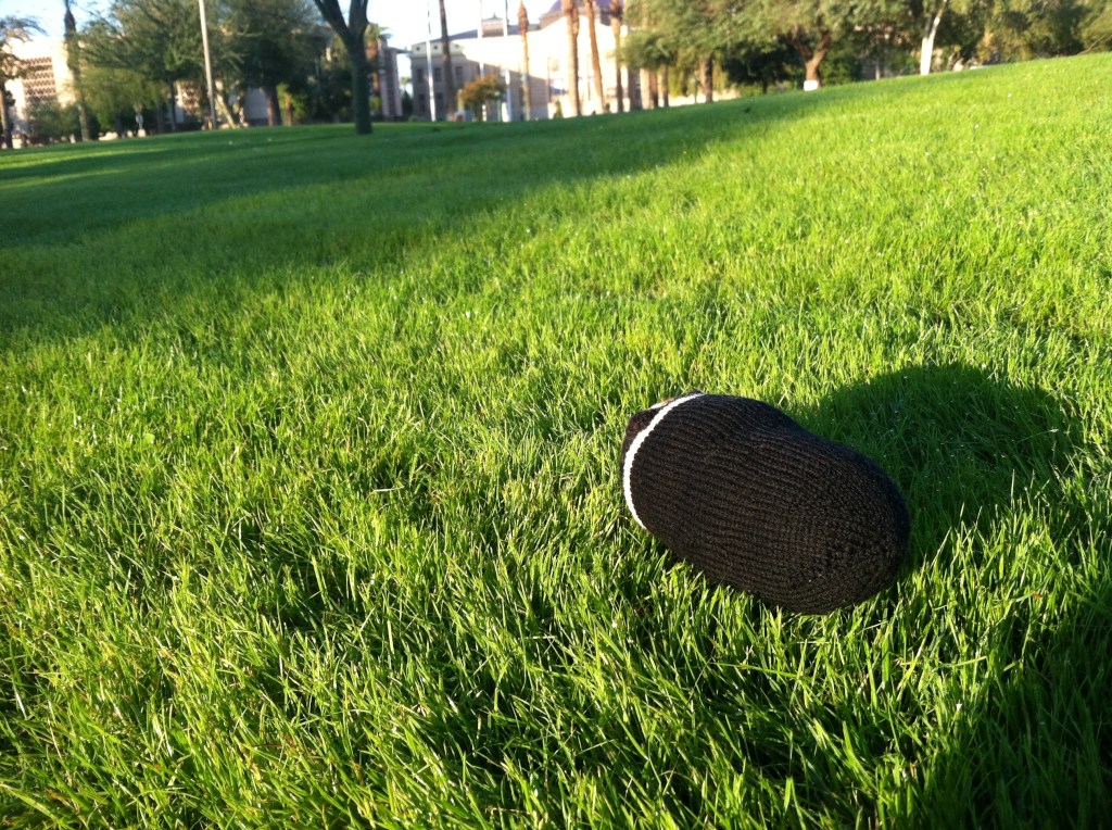 Knitted guinea pig on a lawn