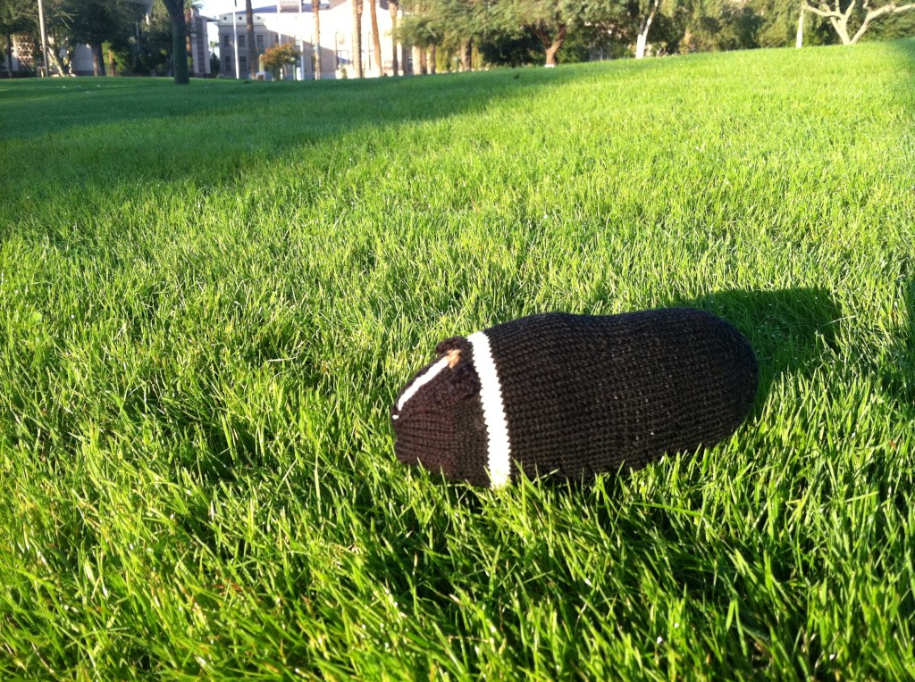 Knitted guinea pig on a lawn