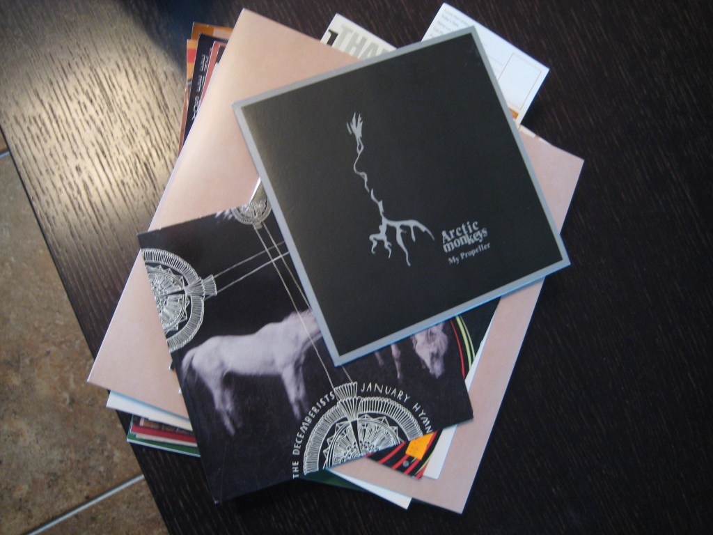 Albums on a black table