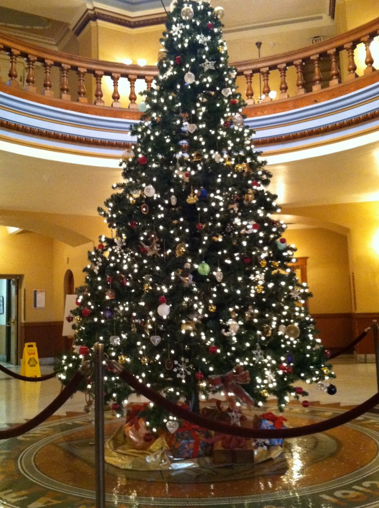 A fir tree decorated for Christmas, with a wet floor sign in background