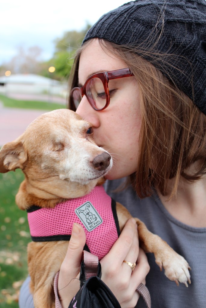 Girl kissing a small, one-eyed dog