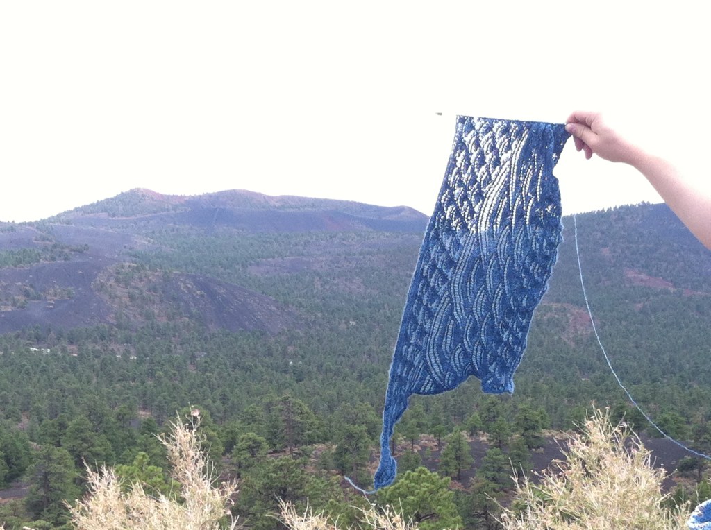 High Seas shawl in front of a cinder cone volcano