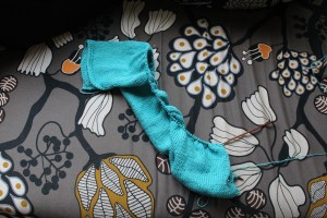 Beginning of a side to side sweater with sleeve