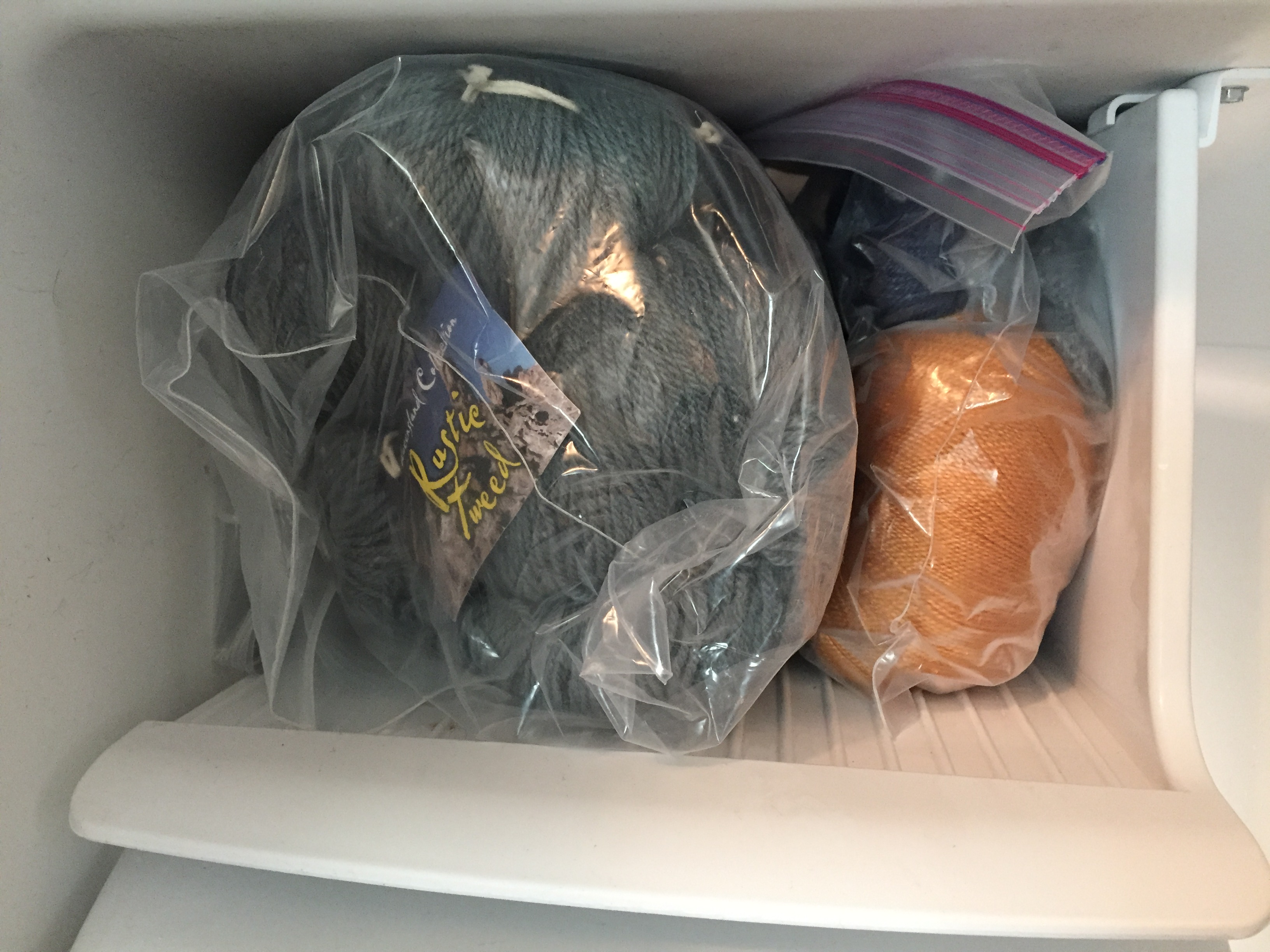 Yarn being frozen in plastic bags to kill pests