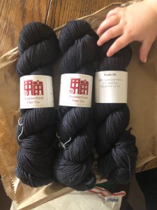 Neighborhood Fiber Co. Studio DK yarn in Upton black, with a baby hand reaching in to the frame