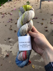 plank & stella 4-ply sock in Bob's Burgers inspired colorway I'm a Knitter Not a Quitter against a leaf-strewn background