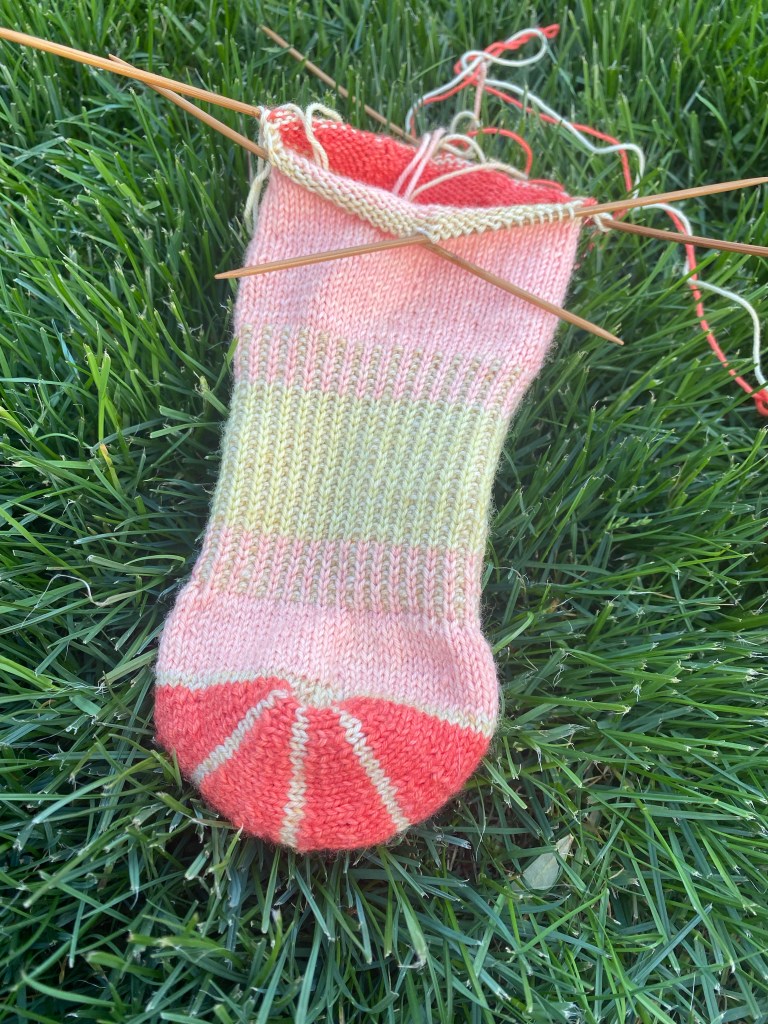 Bright pink, scarlet, and yellow socks with a short row toe that looks like sections of citrus on green grass 
